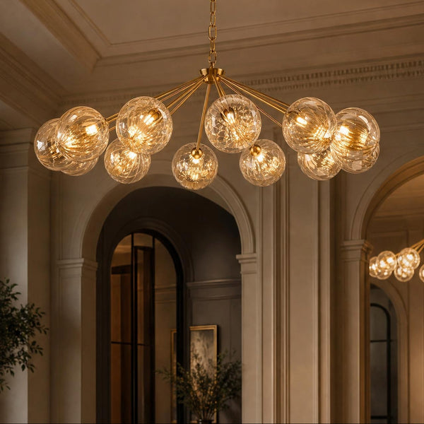 Liora 12 Arm Pendant in Antique Gold with Amber Ribbed Glass Shades
