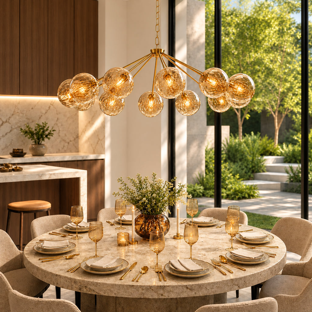 Liora 12 Arm Pendant in Antique Gold with Amber Ribbed Glass Shades