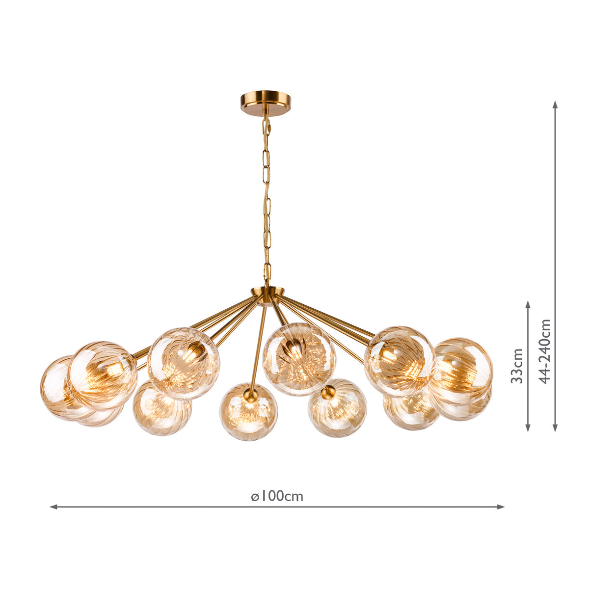 Liora 12 Arm Pendant in Antique Gold with Amber Ribbed Glass Shades