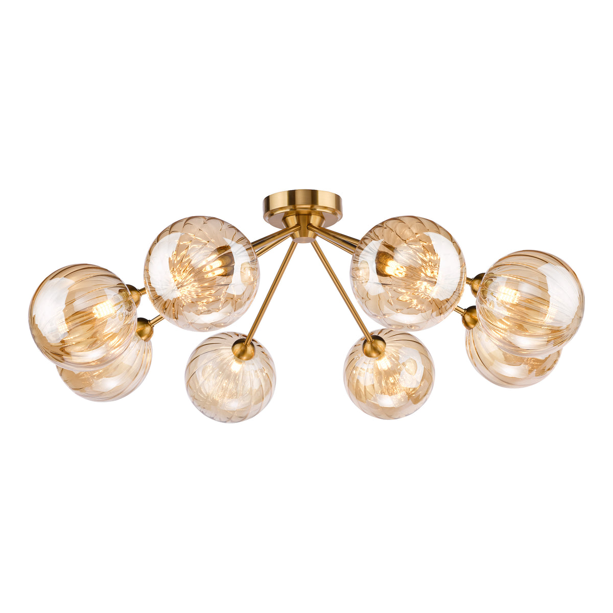 Liora 8 Arm Semi Flush Ceiling Light in Antique Gold with Amber Ribbed Glass Shades