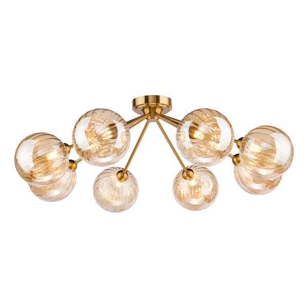 Liora 8 Arm Semi Flush Ceiling Light in Antique Gold with Amber Ribbed Glass Shades