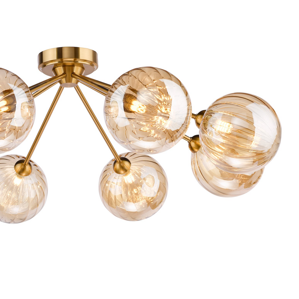 Liora 8 Arm Semi Flush Ceiling Light in Antique Gold with Amber Ribbed Glass Shades