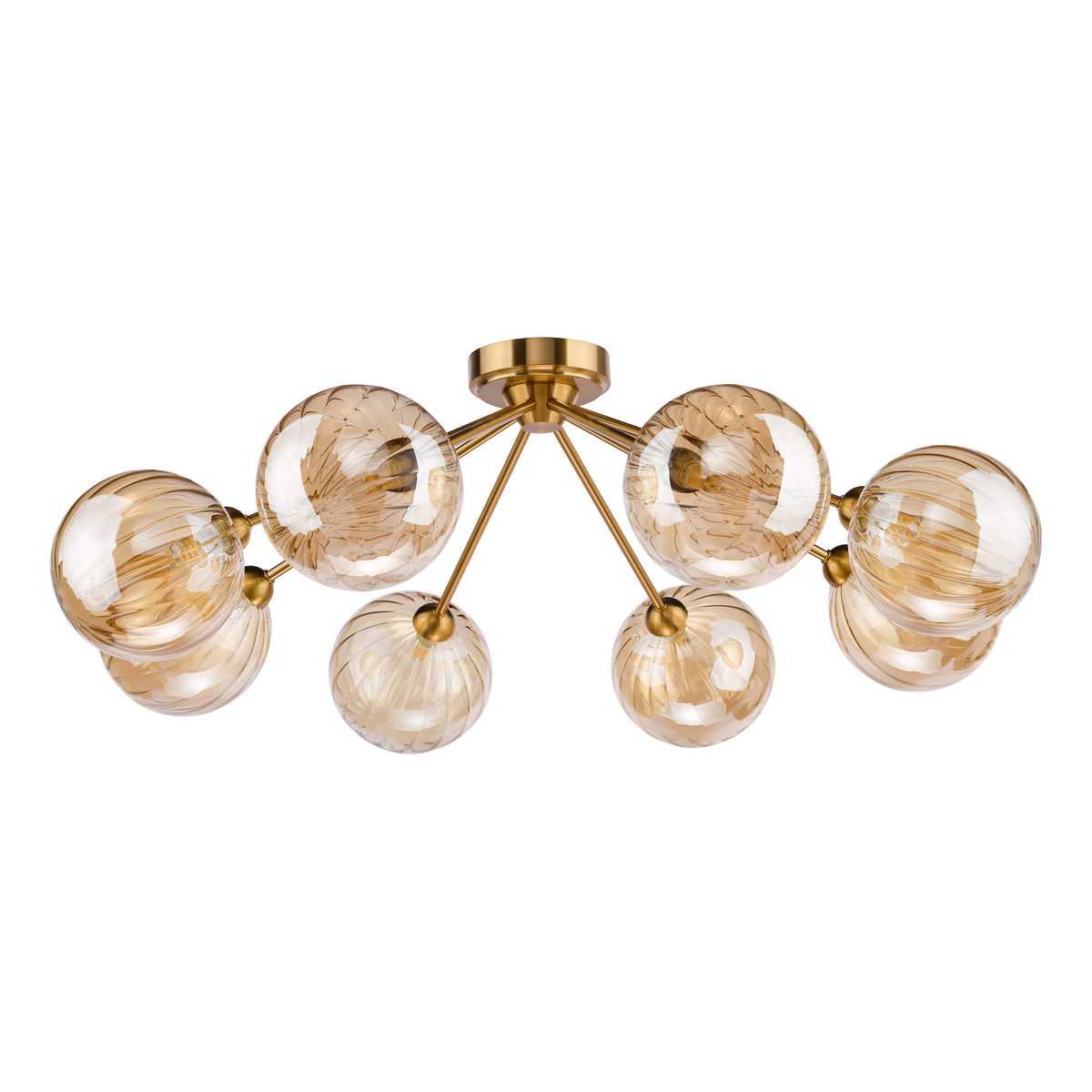 Liora 8 Arm Semi Flush Ceiling Light in Antique Gold with Amber Ribbed Glass Shades