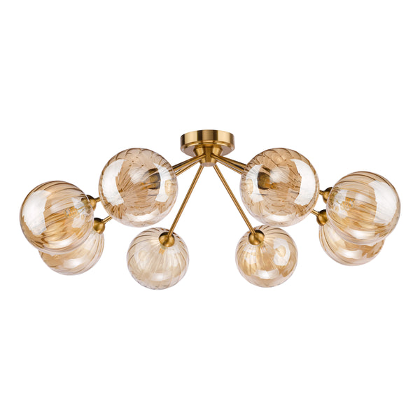 Liora 8 Arm Semi Flush Ceiling Light in Antique Gold with Amber Ribbed Glass Shades