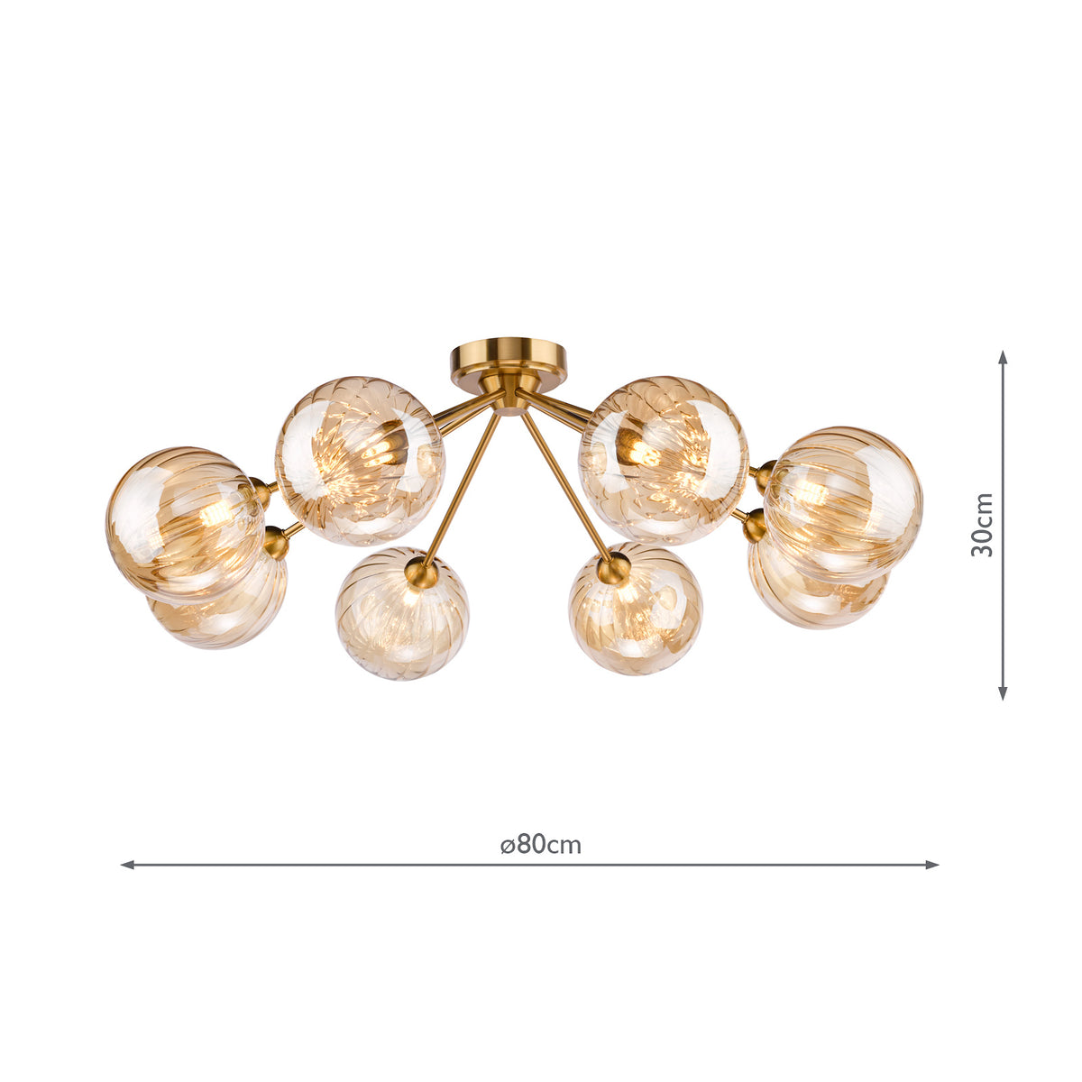 Liora 8 Arm Semi Flush Ceiling Light in Antique Gold with Amber Ribbed Glass Shades