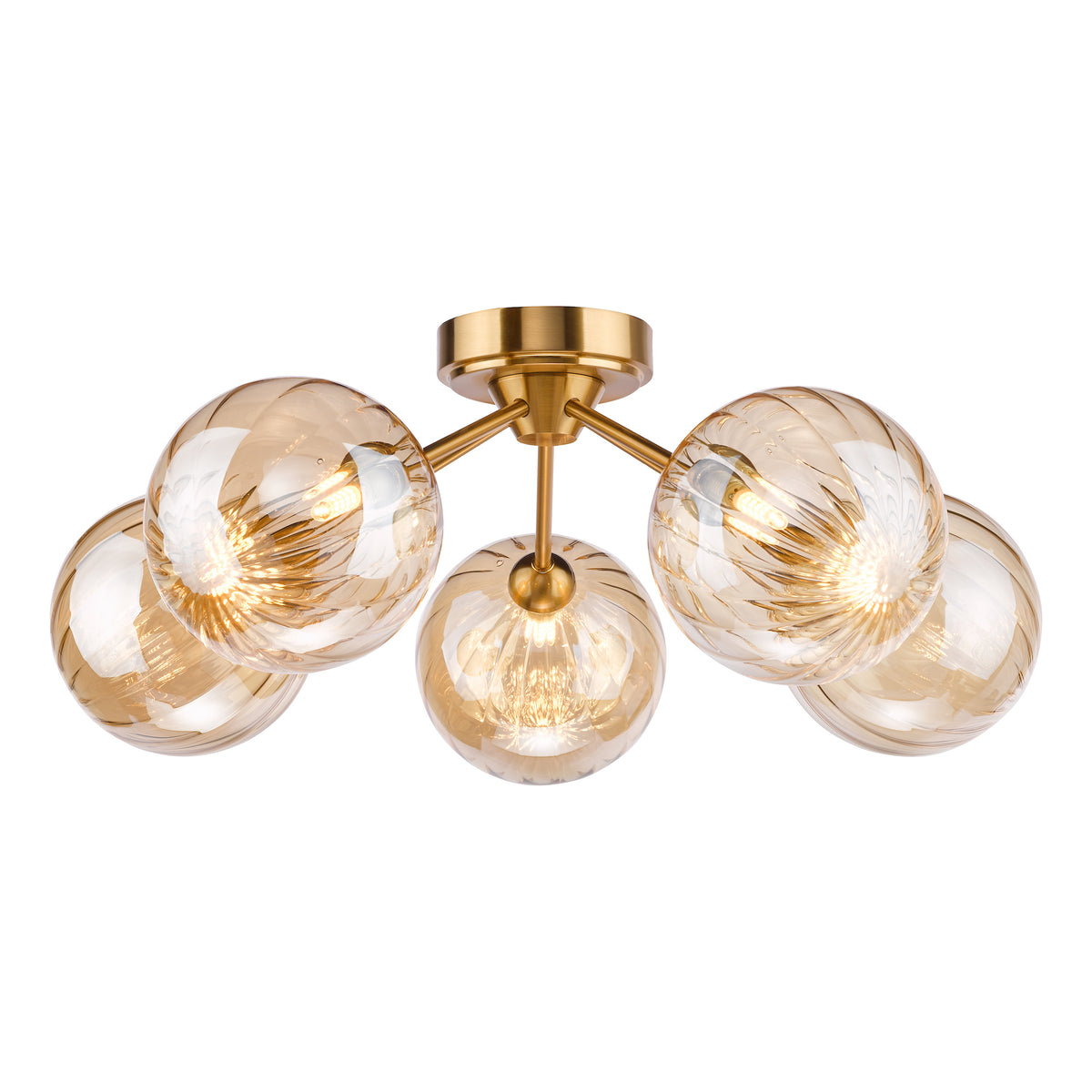 Liora 5 Arm Semi Flush Ceiling Light in Antique Gold with Amber Ribbed Glass Shades