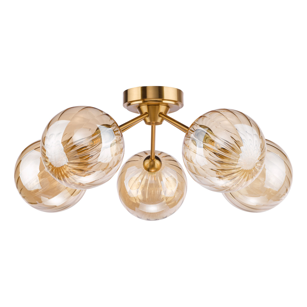 Liora 5 Arm Semi Flush Ceiling Light in Antique Gold with Amber Ribbed Glass Shades