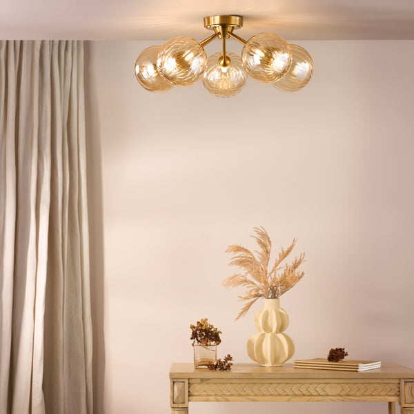 Liora 5 Arm Semi Flush Ceiling Light in Antique Gold with Amber Ribbed Glass Shades