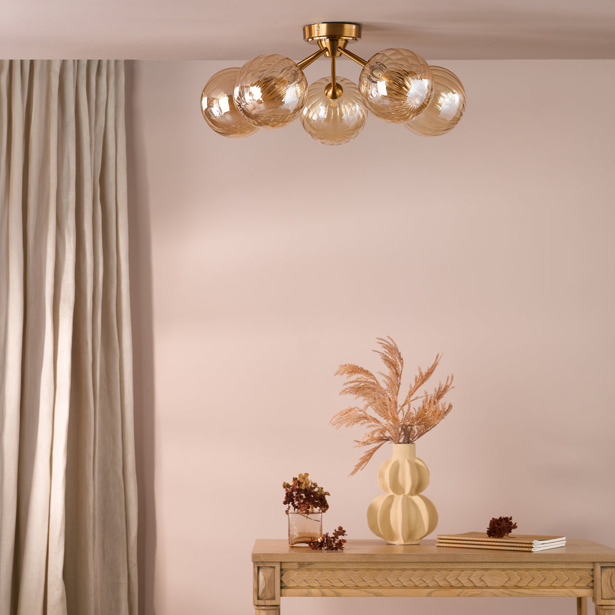 Liora 5 Arm Semi Flush Ceiling Light in Antique Gold with Amber Ribbed Glass Shades