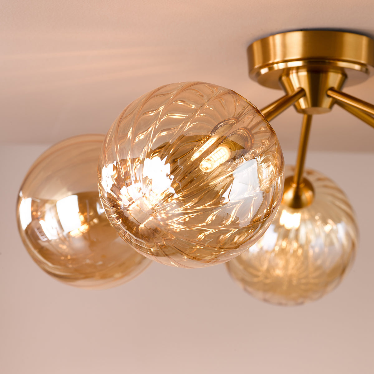Liora 5 Arm Semi Flush Ceiling Light in Antique Gold with Amber Ribbed Glass Shades