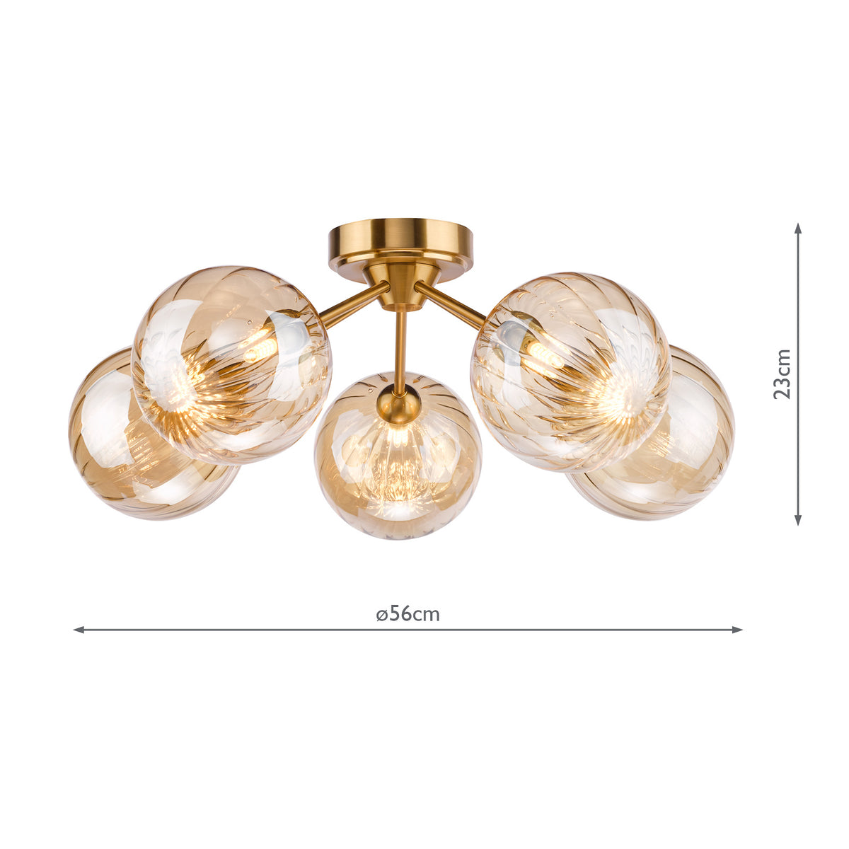 Liora 5 Arm Semi Flush Ceiling Light in Antique Gold with Amber Ribbed Glass Shades