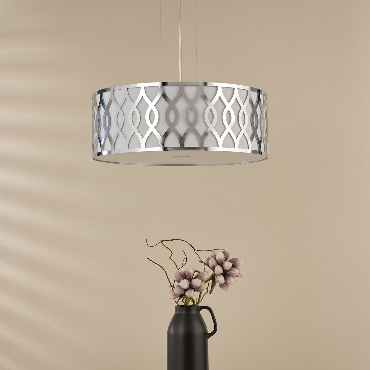 Locryn Four Light Pendant in Polished Chrome with Ivory Linen Shade