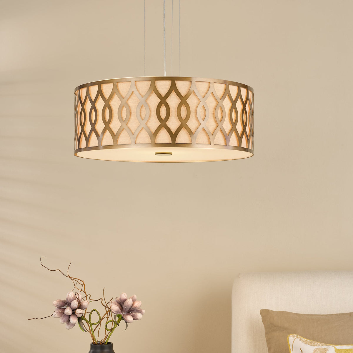 Locryn Four Light Pendant in Brushed Bronze with Taupe Linen Shade