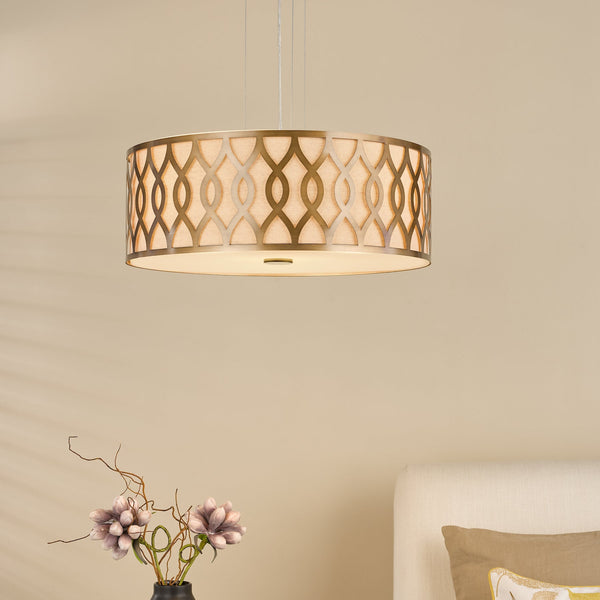 Locryn Four Light Pendant in Brushed Bronze with Taupe Linen Shade