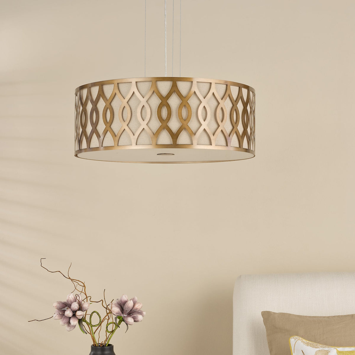 Locryn Four Light Pendant in Brushed Bronze with Taupe Linen Shade