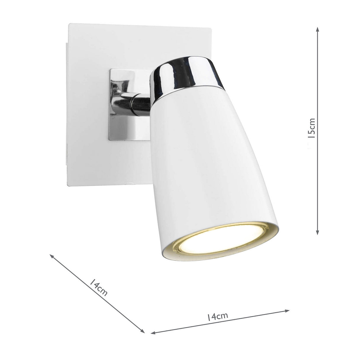 White wall light with chrome accents, 15cm high and 14cm wide, emitting a warm glow.