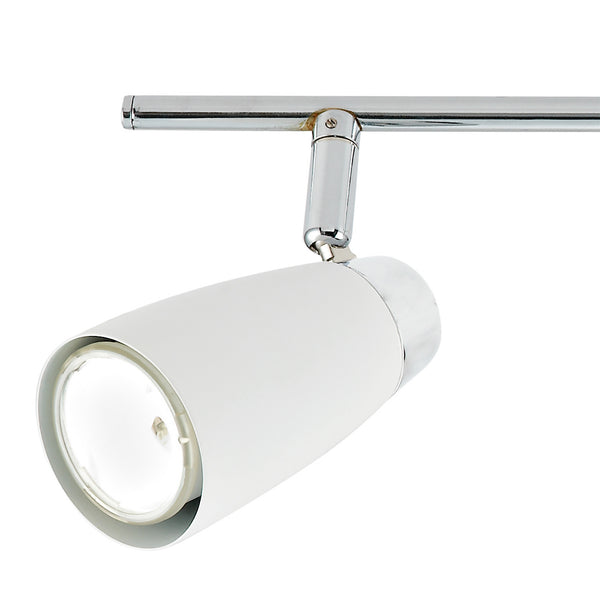 White track light with a chrome finish, angled downwards, on a white background.