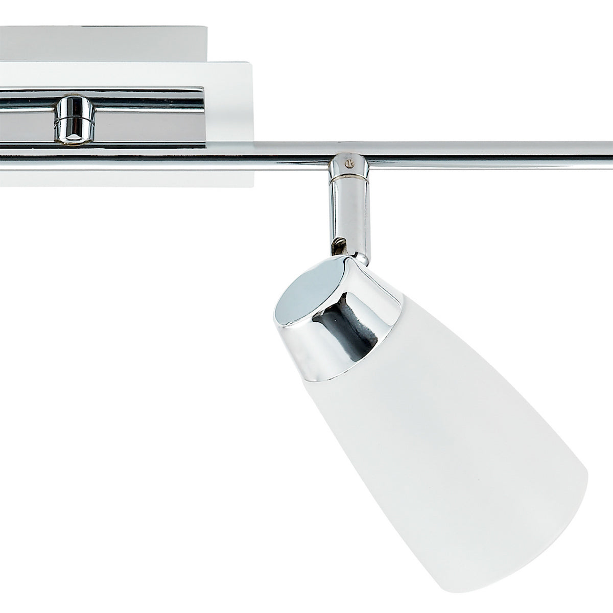 Close-up of a single white and chrome track light fixture against a white background.
