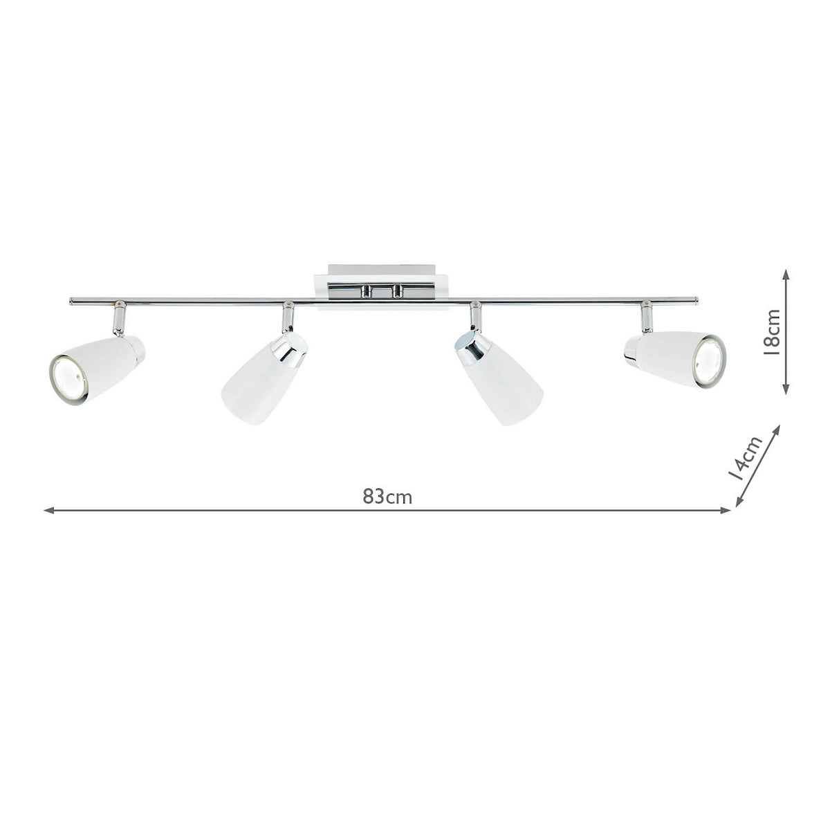 Four white and chrome track lights on a bar, with dimensions 83cm, 18cm, and 14cm.