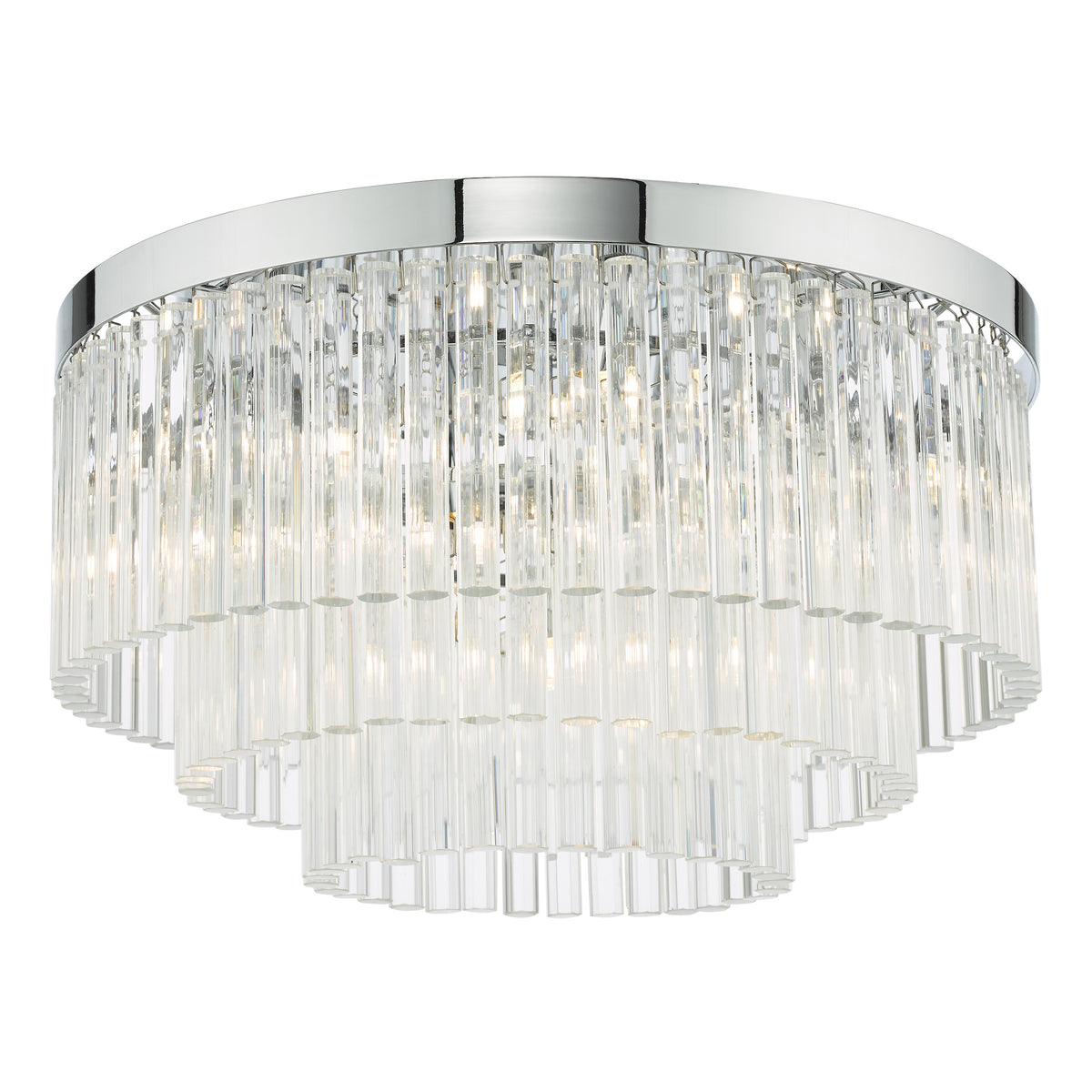 Logan Five Light Flush Ceiling Light in Polished Chrome with Clear Glass Rods