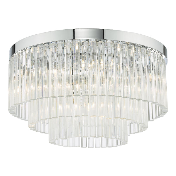 Logan Five Light Flush Ceiling Light in Polished Chrome with Clear Glass Rods