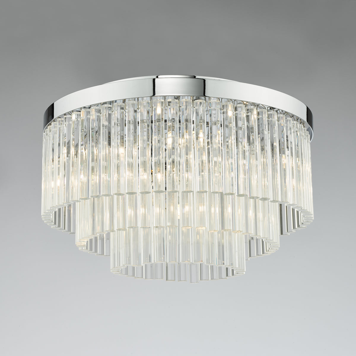 Logan Five Light Flush Ceiling Light in Polished Chrome with Clear Glass Rods