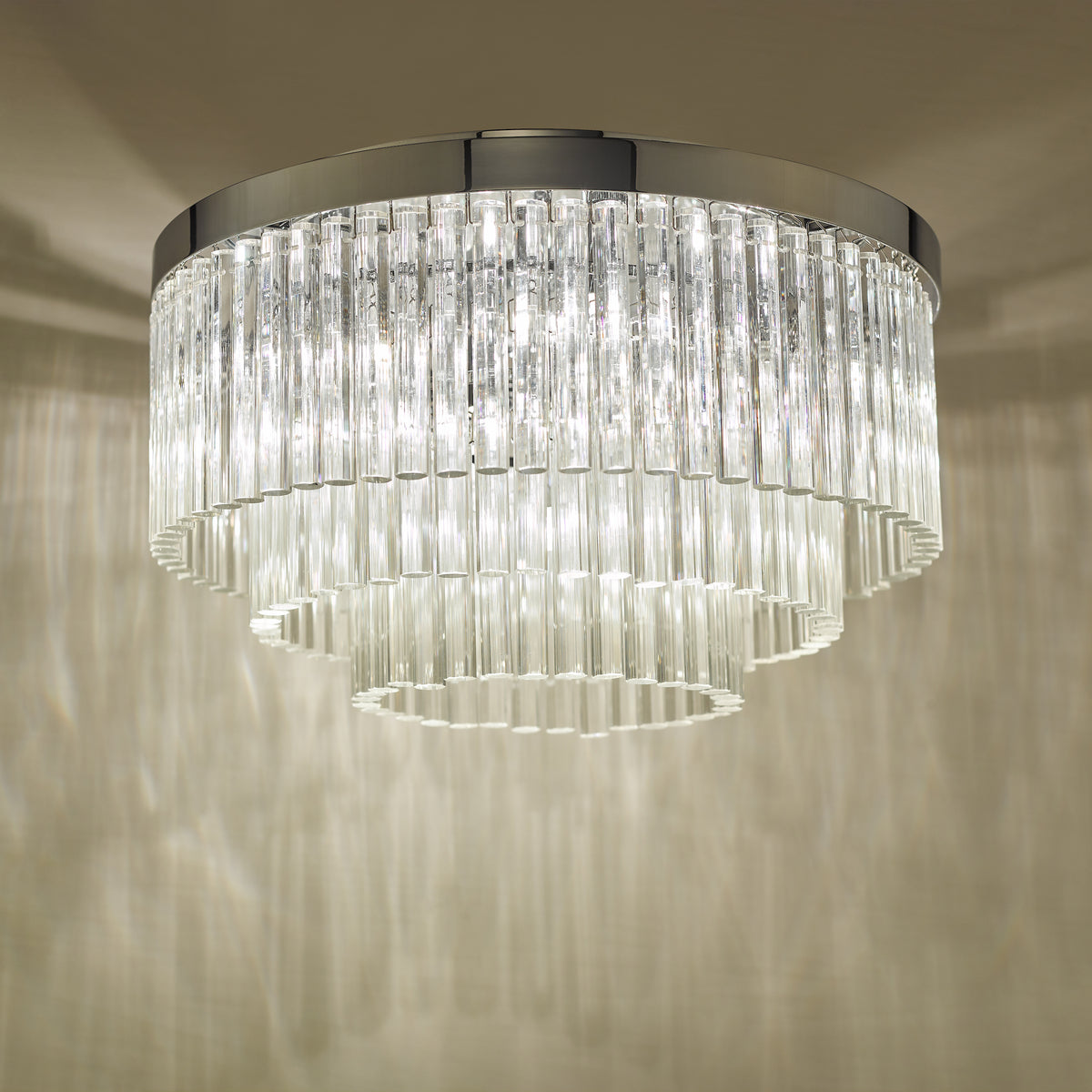 Logan Five Light Flush Ceiling Light in Polished Chrome with Clear Glass Rods