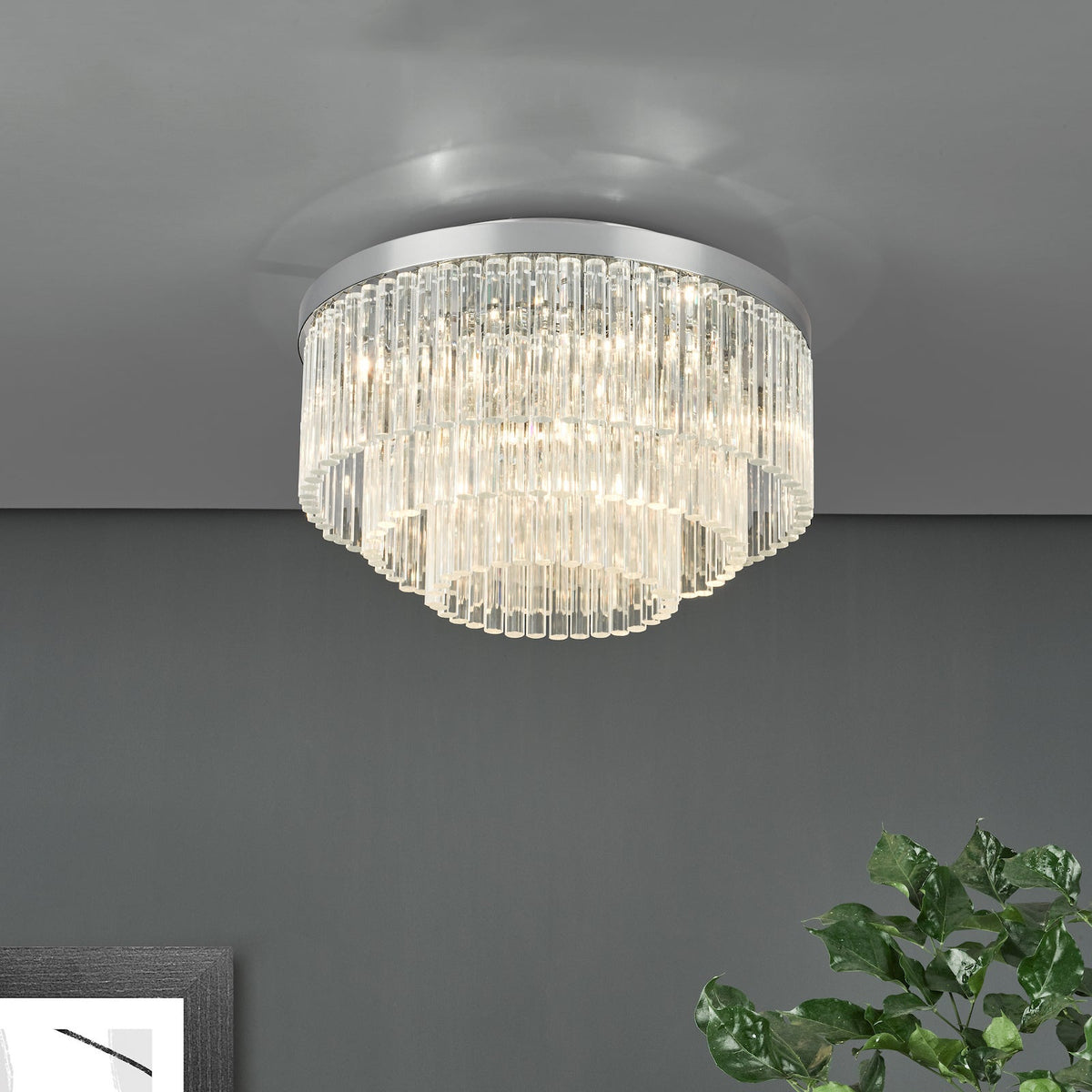 Logan Five Light Flush Ceiling Light in Polished Chrome with Clear Glass Rods