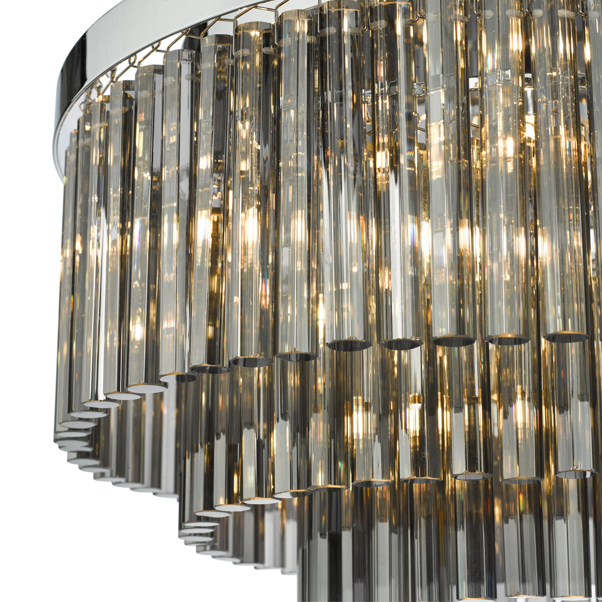 Logan Five Light Flush Ceiling Light in Polished Chrome with Smoked Glass Rods