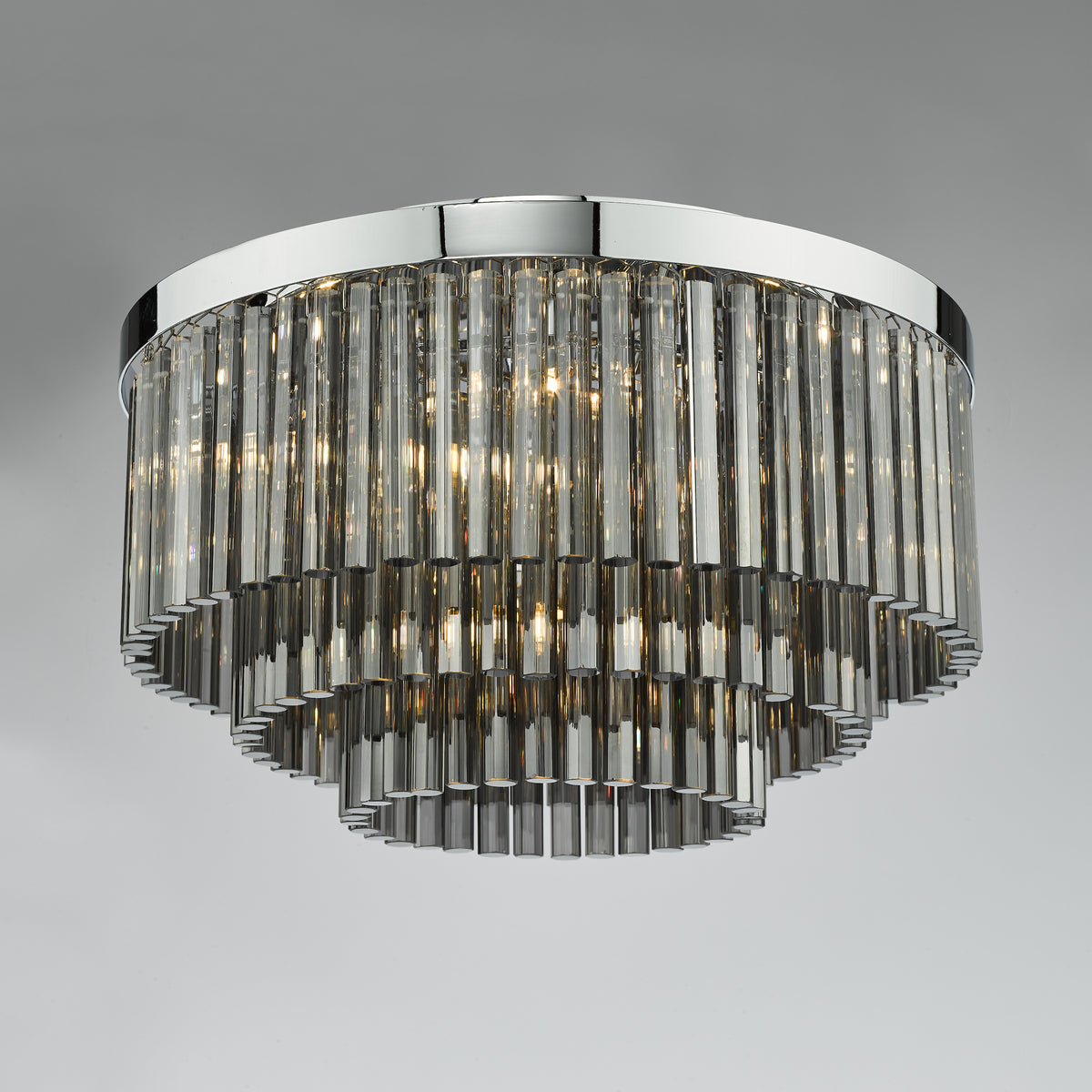 Logan Five Light Flush Ceiling Light in Polished Chrome with Smoked Glass Rods