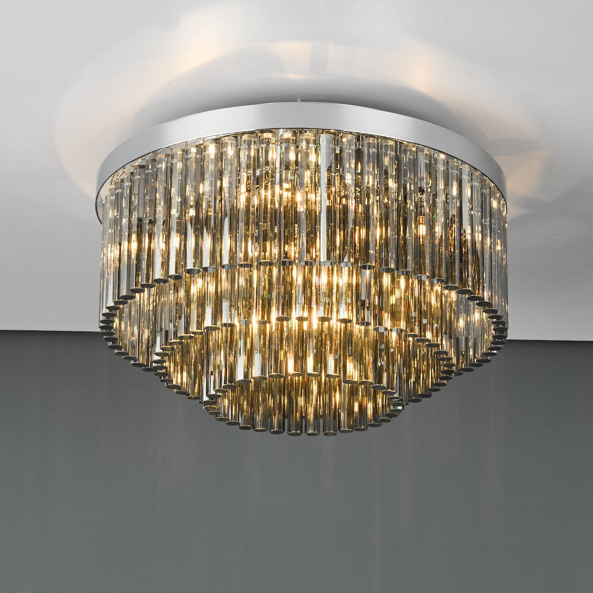 Logan Five Light Flush Ceiling Light in Polished Chrome with Smoked Glass Rods