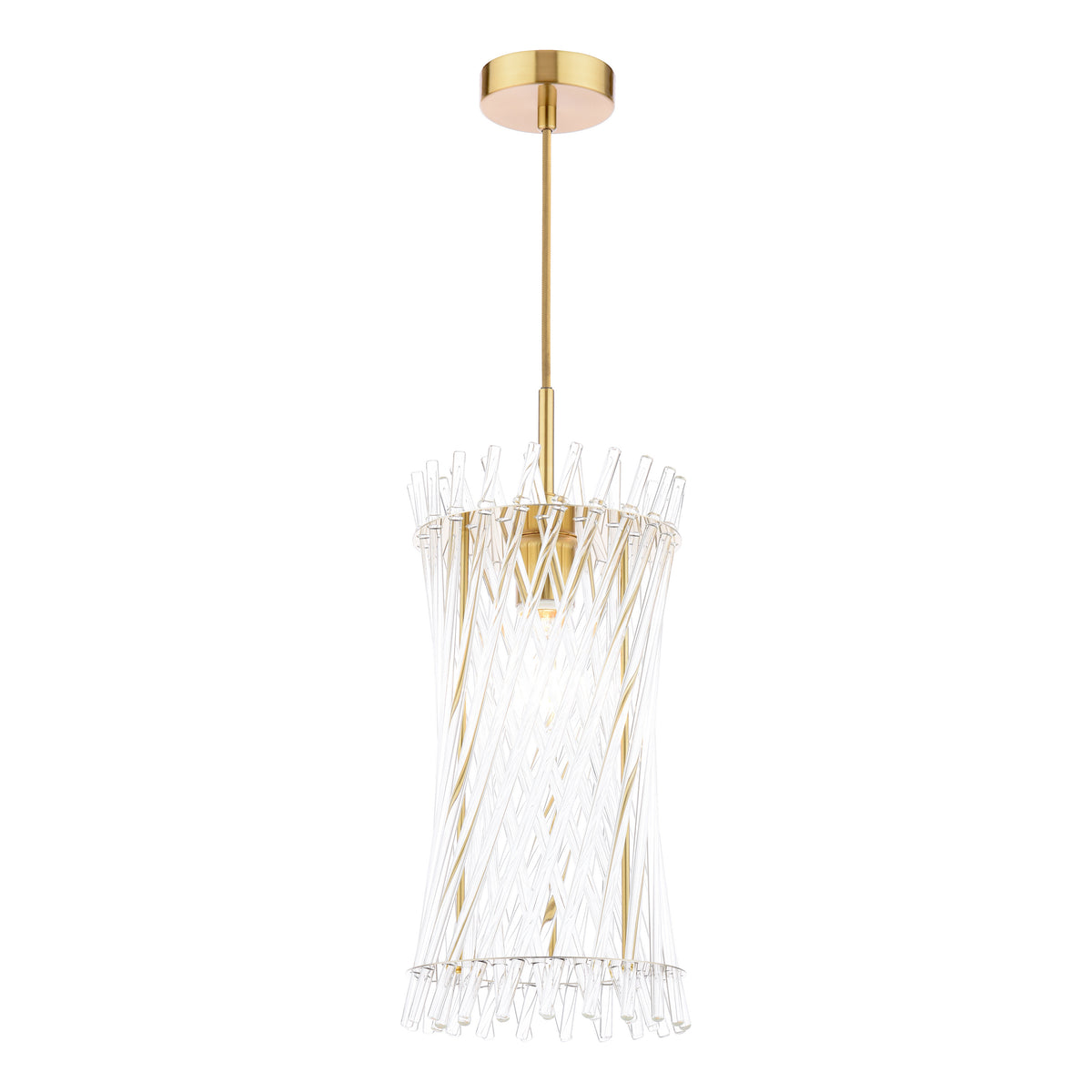 Gold and clear glass pendant light with a cylindrical shade made of vertical glass rods