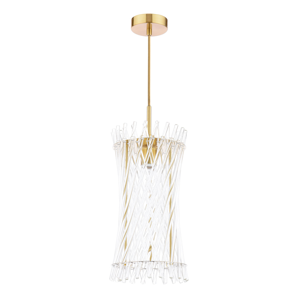 Gold pendant light with clear glass rods forming a cylindrical shade
