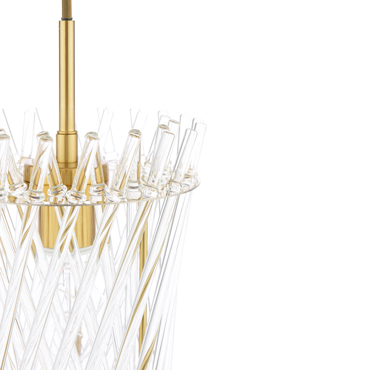 Close up of a brass pendant light with a clear glass shade made of vertical glass rods
