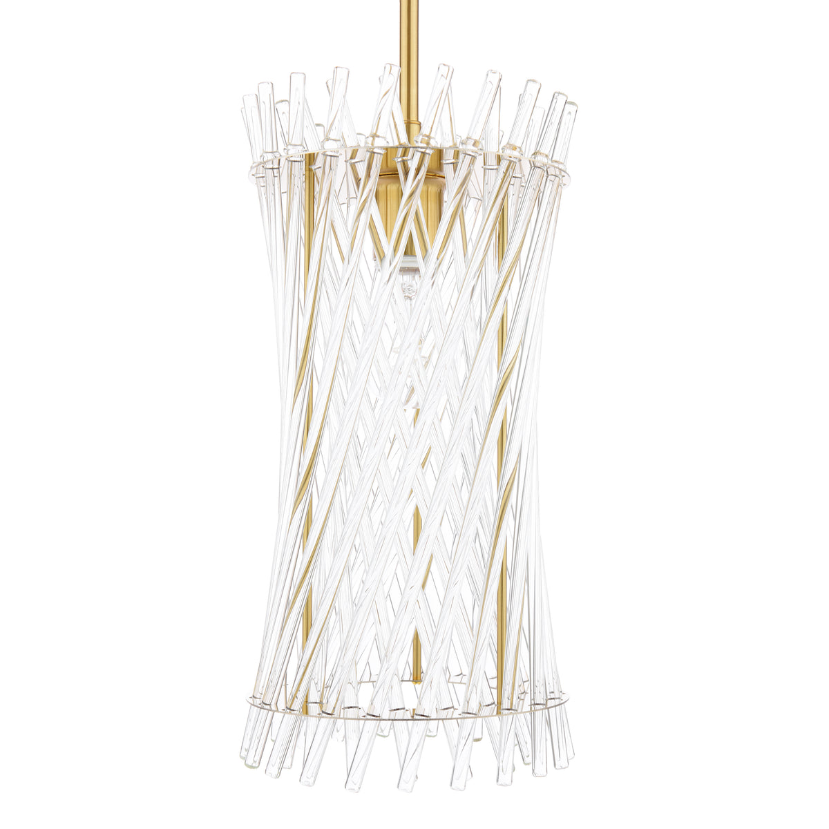 Gold and clear glass pendant light with a cylindrical shade made of crisscrossing glass rods