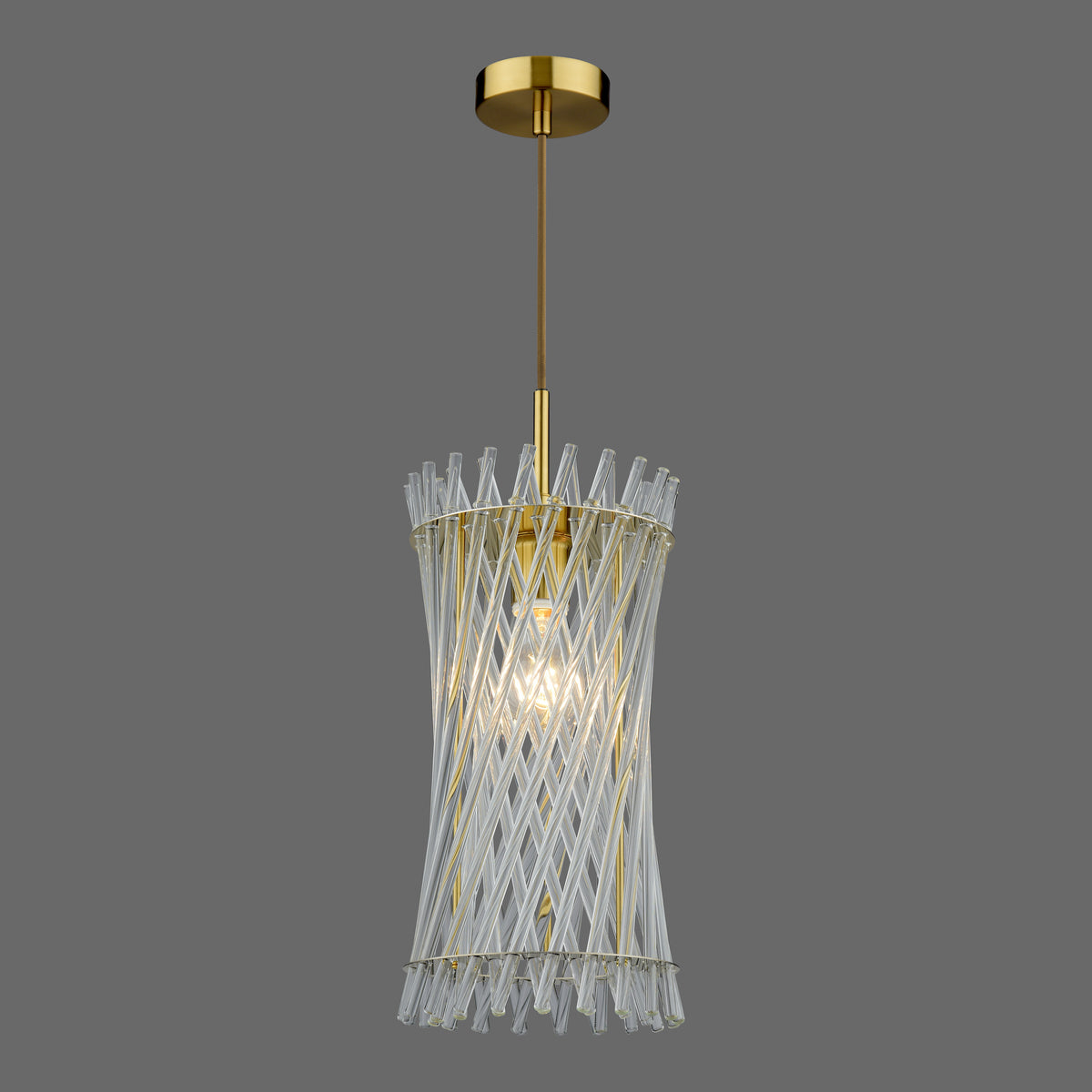 Gold and clear glass pendant light with a spiral design