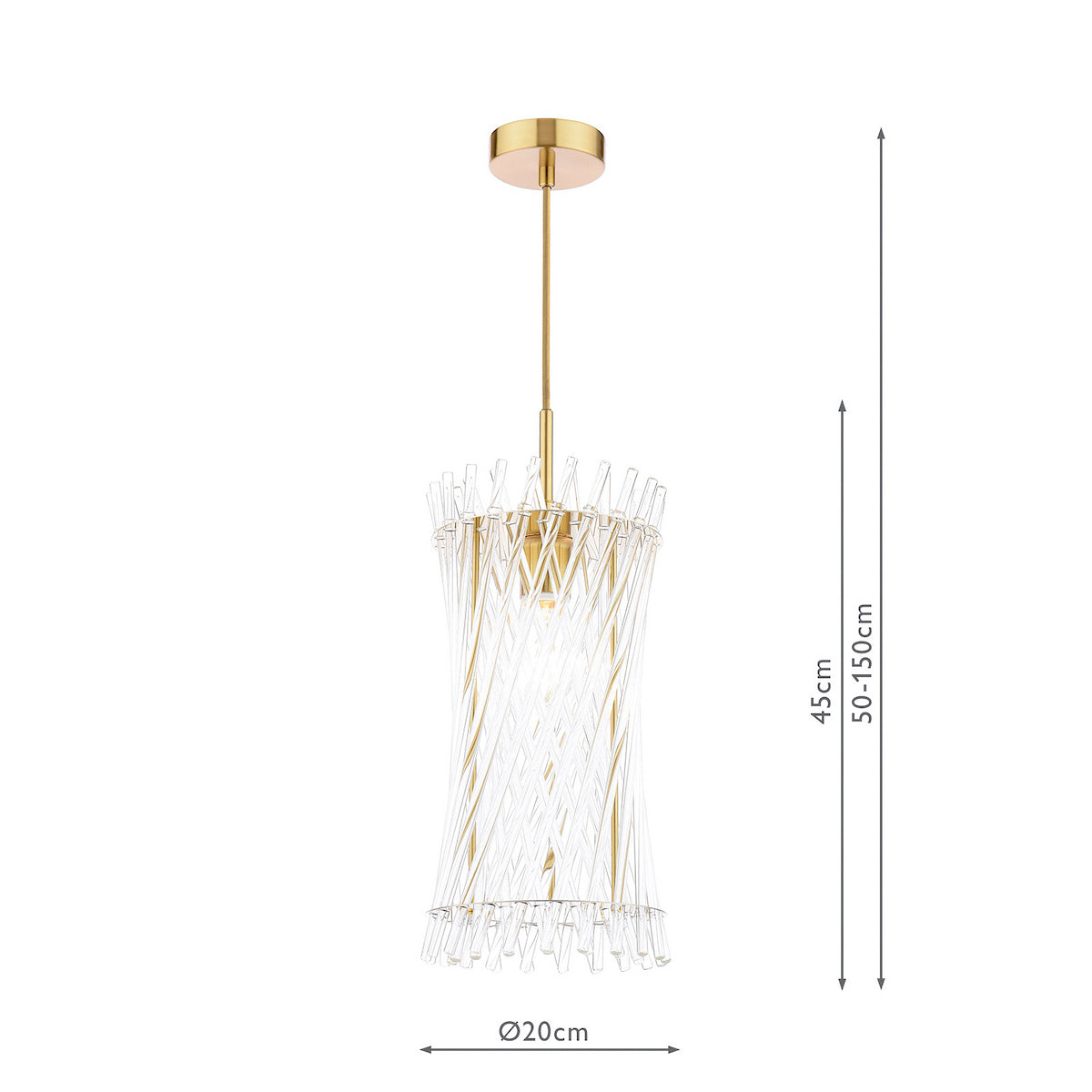 Gold and clear glass pendant light with dimensions 45cm height, 20cm diameter, 50-150cm drop