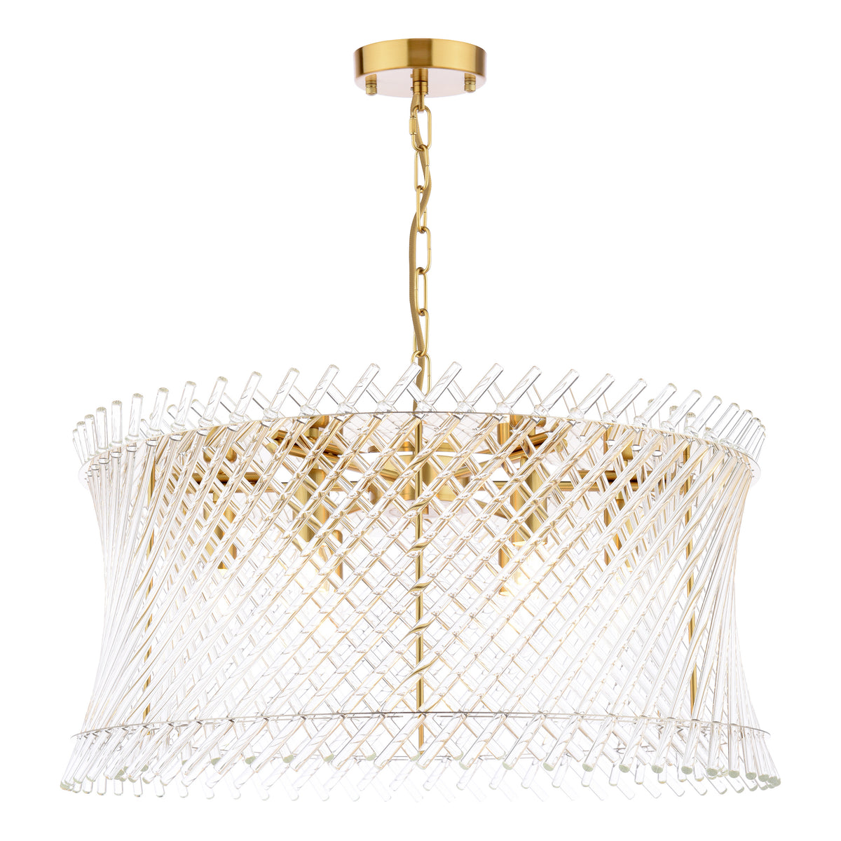 Round chandelier with a gold chain and base, and a shade made of clear glass rods in a spiral pattern