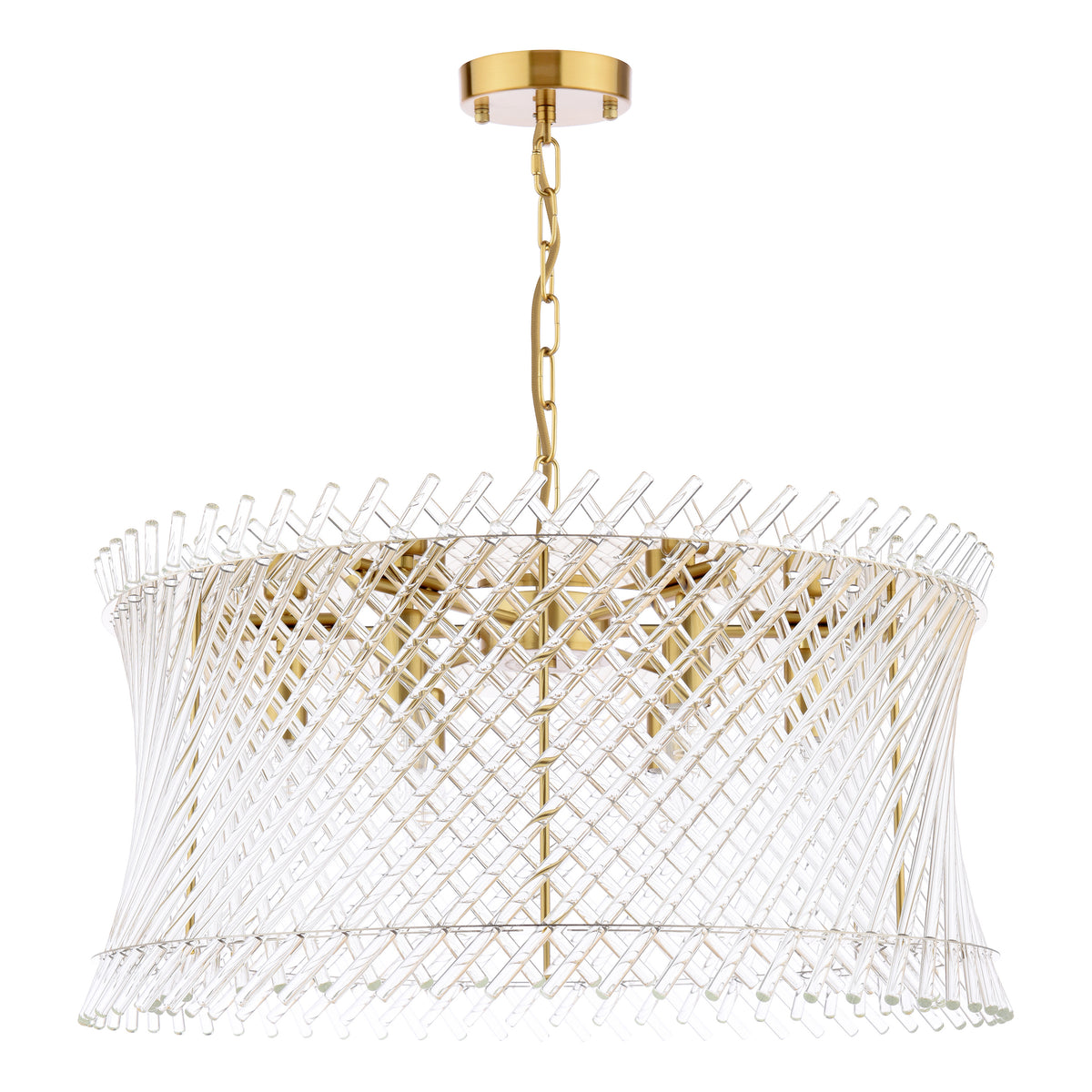 Round chandelier with a gold chain and base, and a clear glass shade made of horizontal and vertical rods