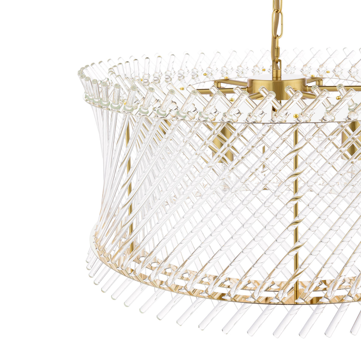 Close up of a gold chandelier with clear glass rods in a spiral pattern