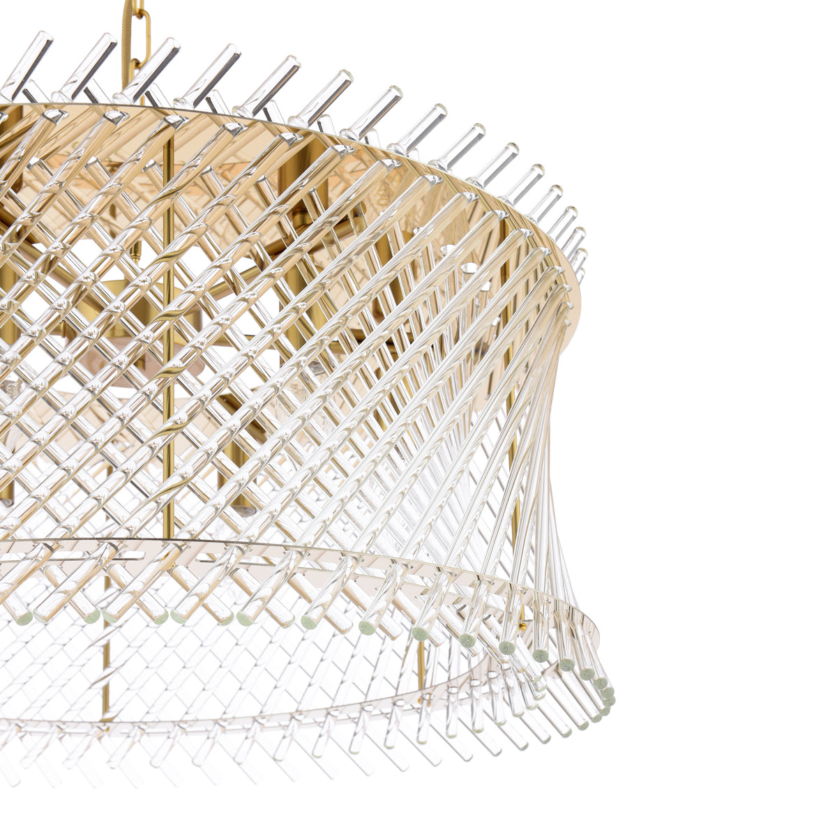 Close up of a gold chandelier with clear glass rods forming a crisscross pattern
