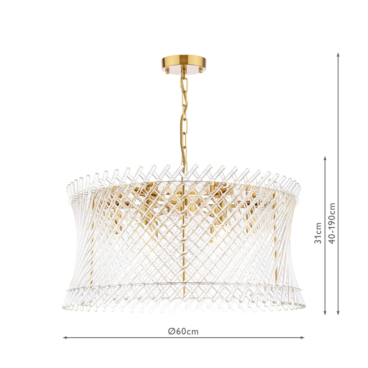 Gold chandelier with clear glass rods in a spiral pattern, 60cm diameter, 31cm height, 40-190cm adjustable drop