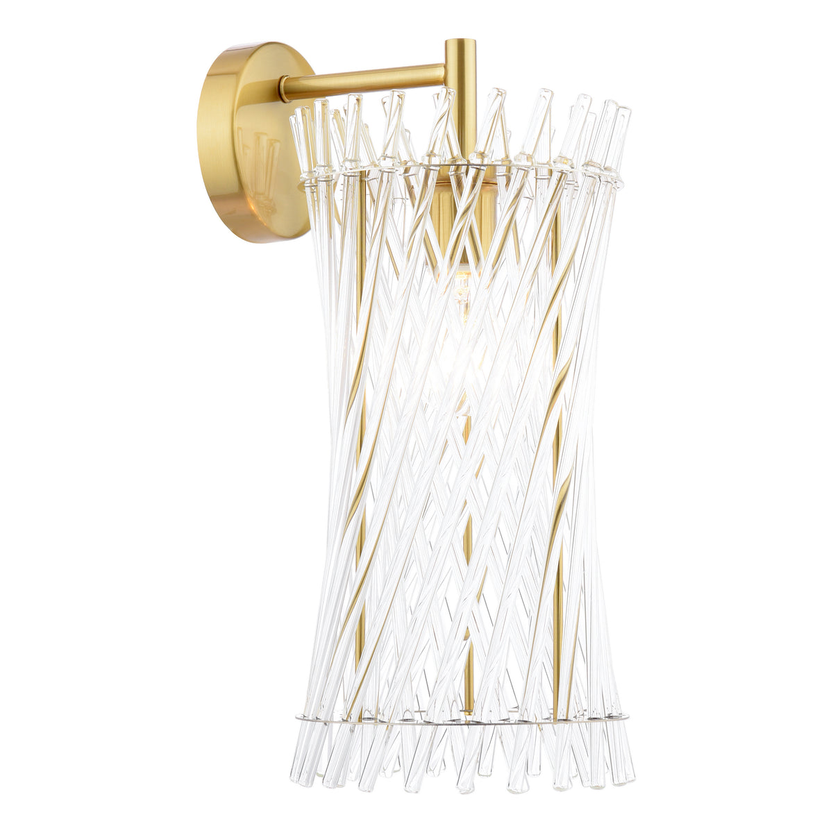 Brass wall sconce with a cylindrical shade made of clear twisted glass rods