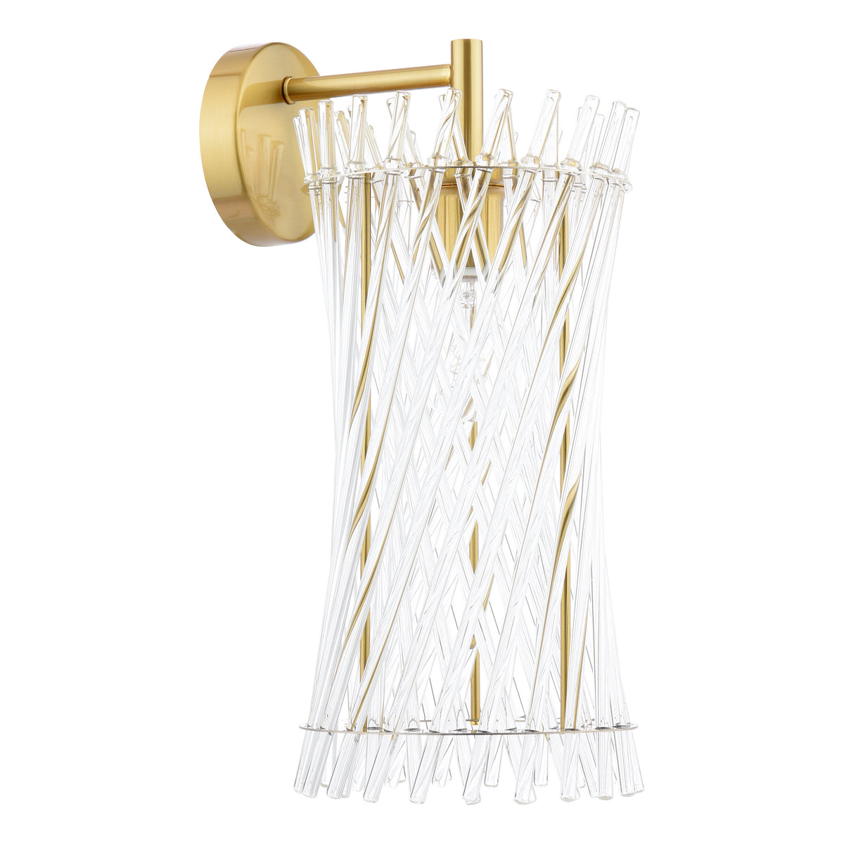 Gold wall sconce with clear twisted glass rods forming a cylindrical shade