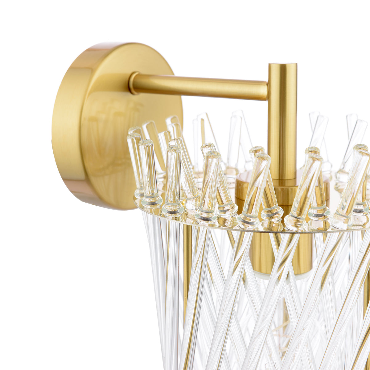 Gold wall sconce with clear glass rods forming a cylindrical shade