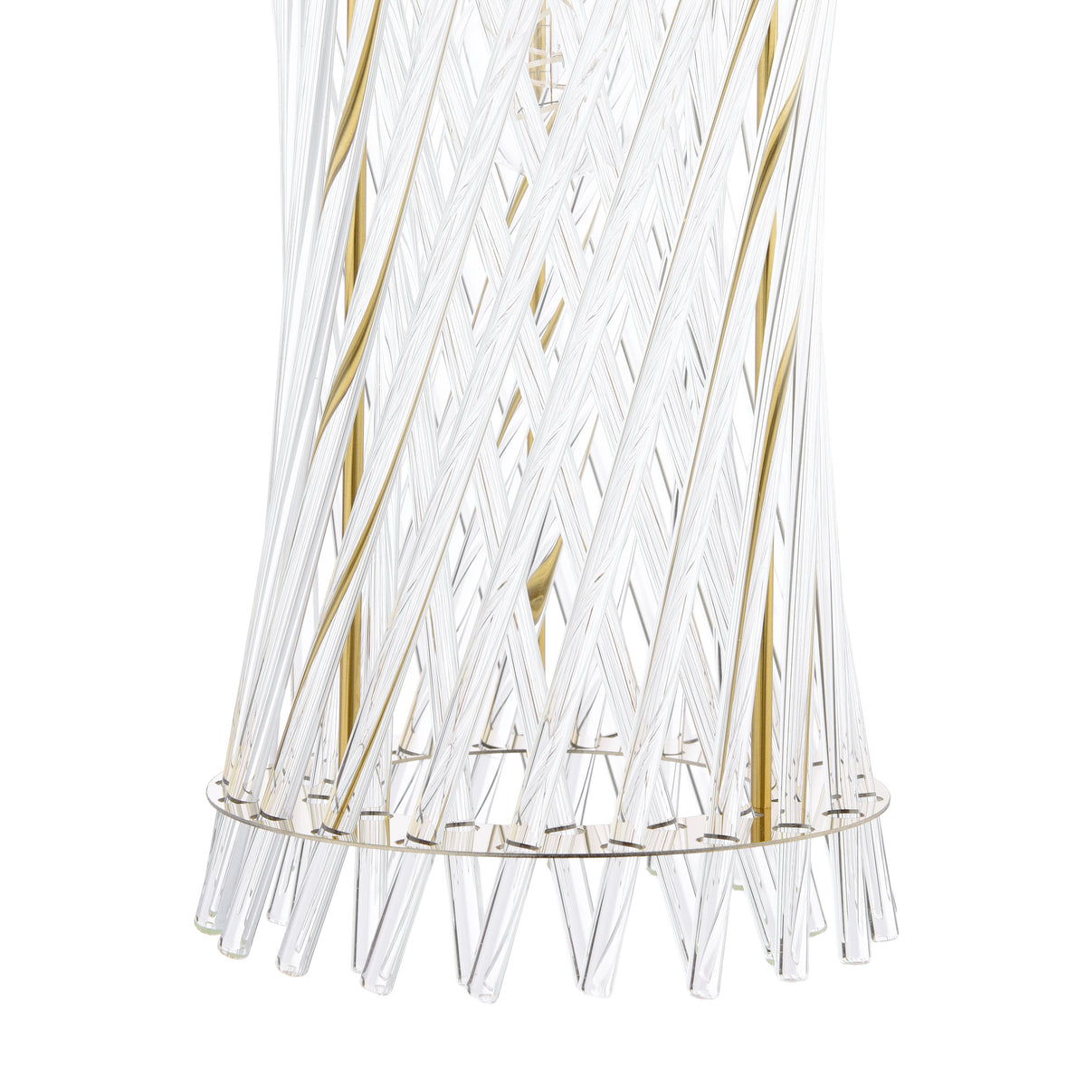 Close-up of a chandelier with clear glass rods and gold metal accents forming a crisscross pattern