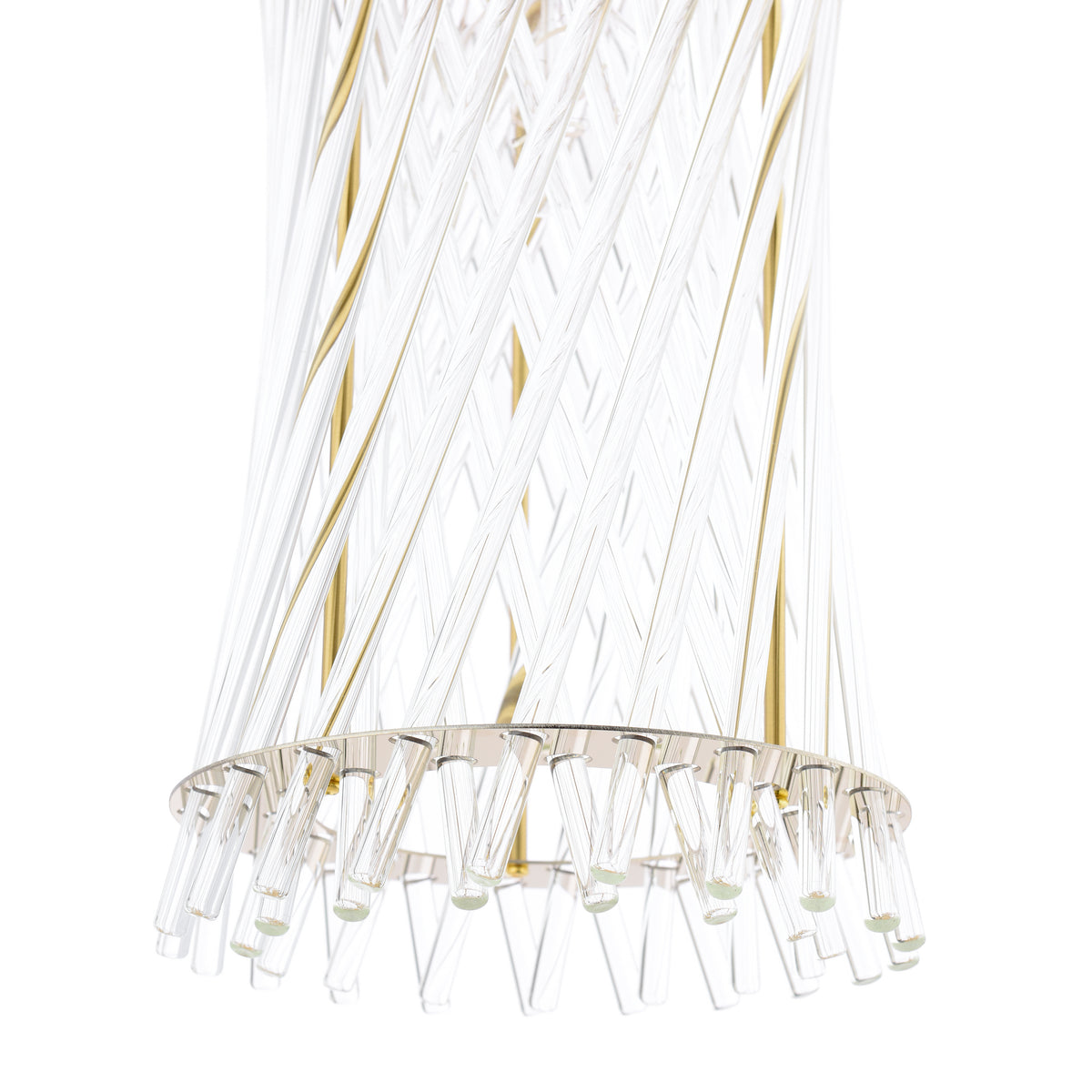 Close up of a chandelier with clear glass rods and gold accents
