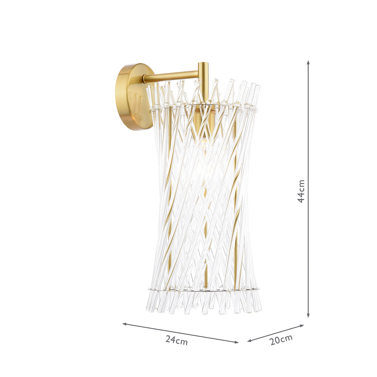 Gold wall light with clear glass rods forming a cylindrical shade, dimensions 44cm high, 24cm wide, 20cm deep