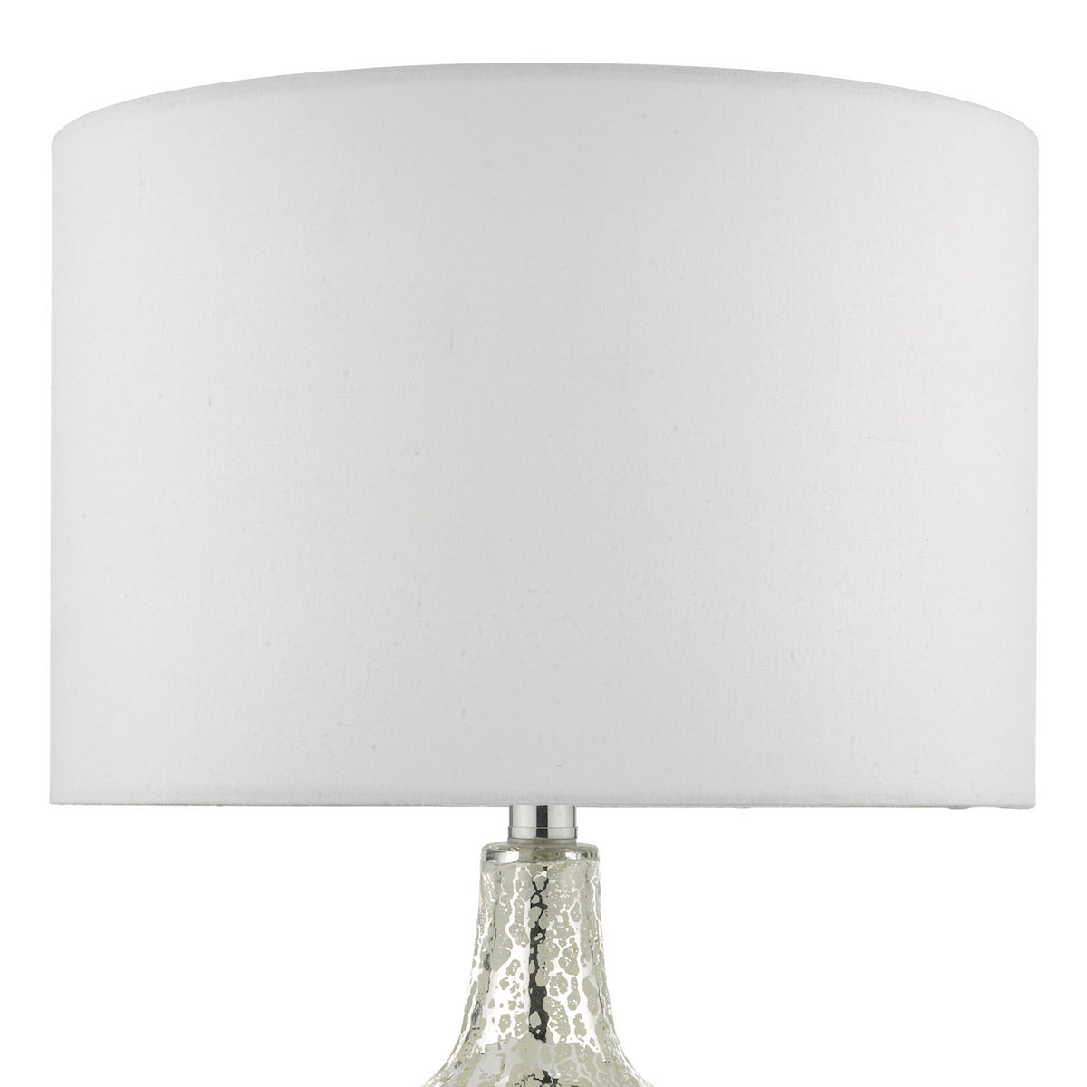 White drum lampshade with a mercury glass base.