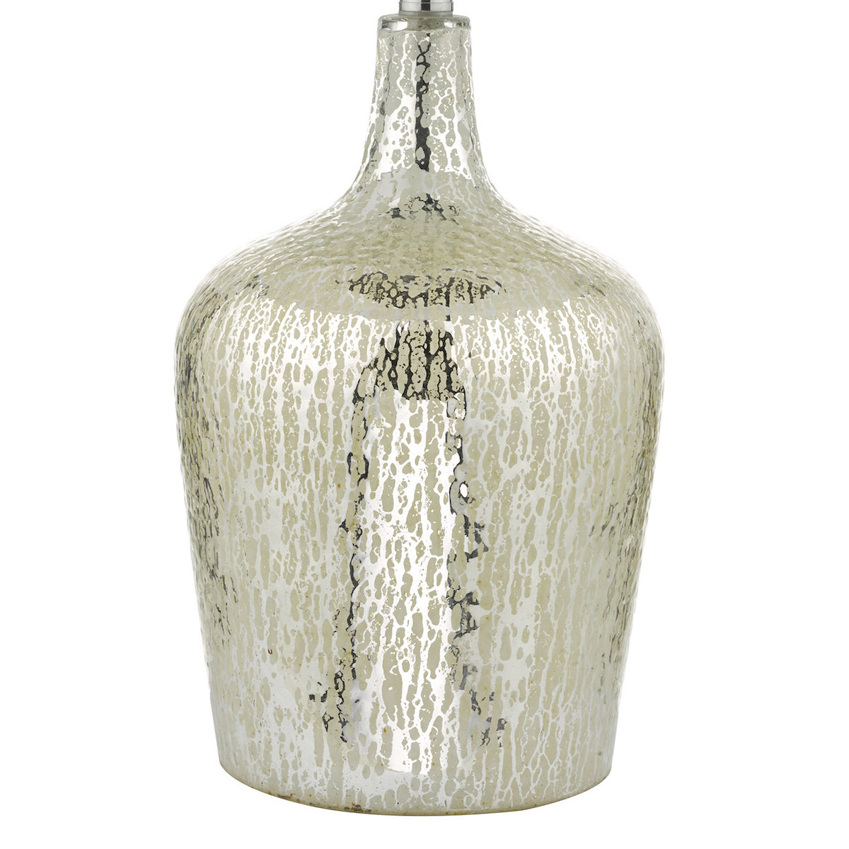 Silver mercury glass lamp base with a textured, distressed finish.